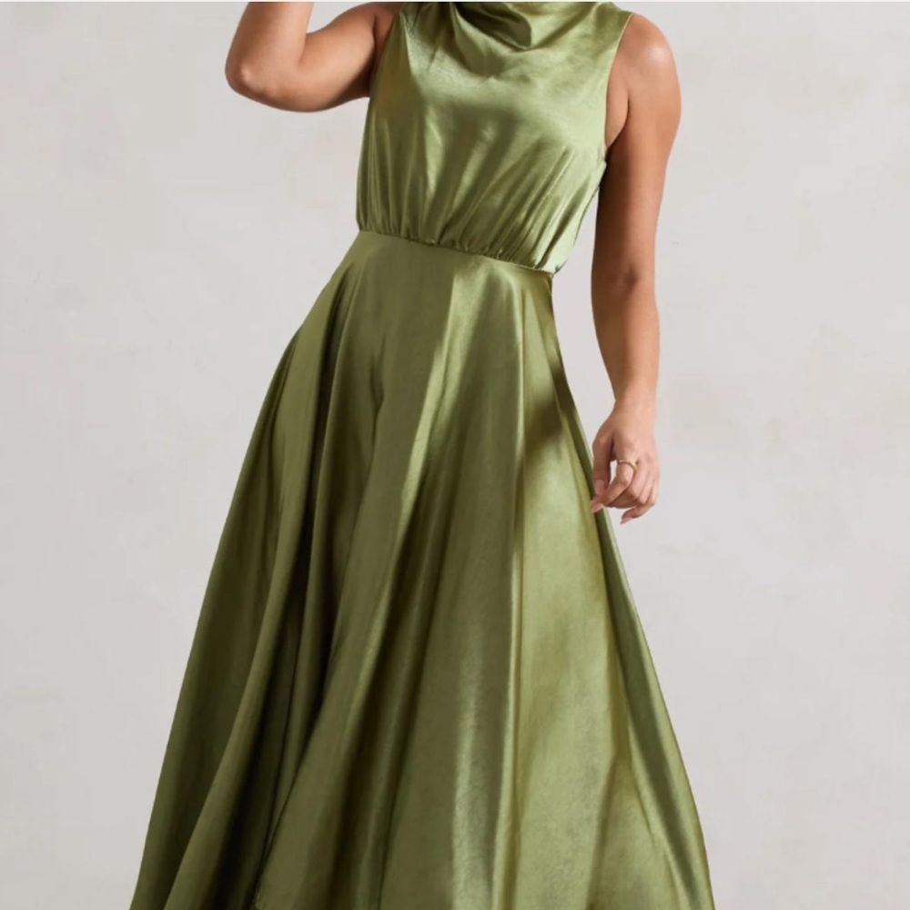 NWT Club L Kerri Olive Green Satin Cowl-Neck Maxi Dress